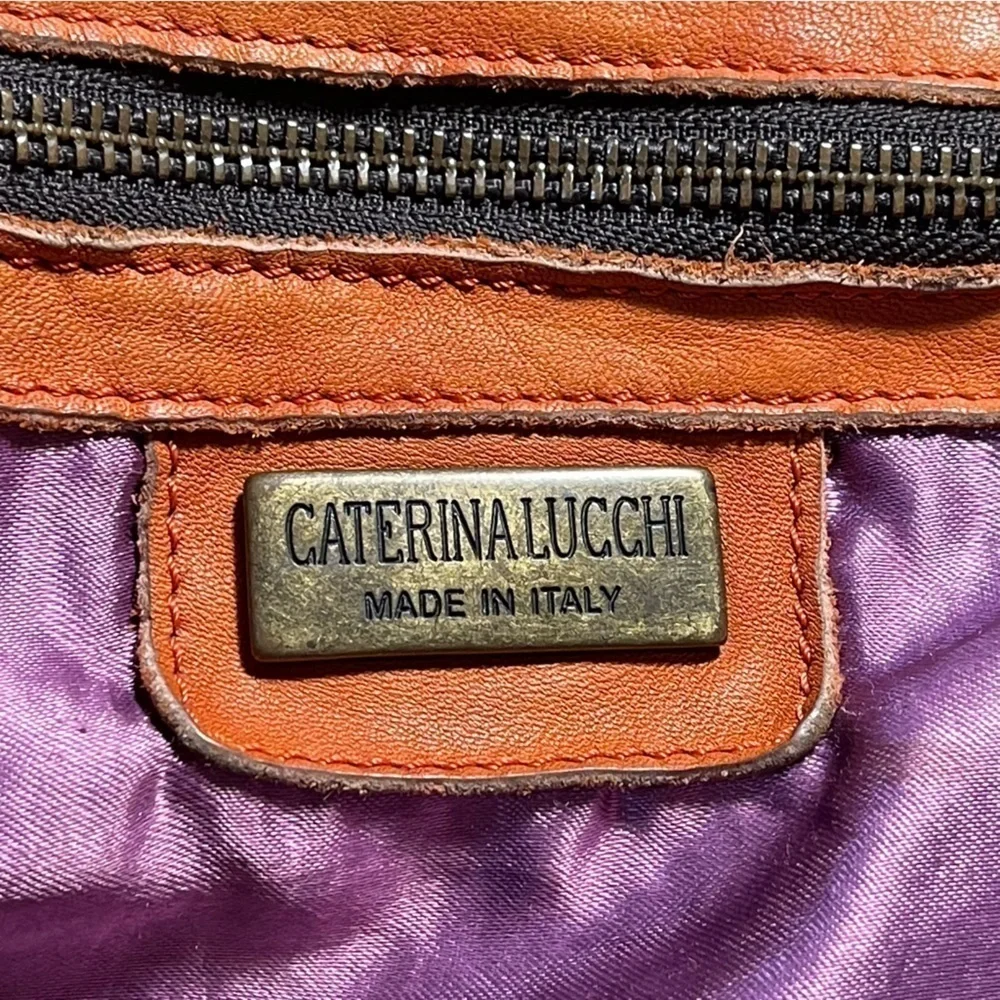 Caterina Lucchi Made in Italy Orange Calf Leather Ruffle Shoulder Tote Designer